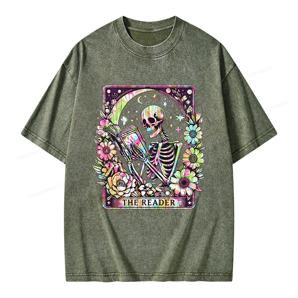 Pagewings The Reader Tarot Card Skeleton Reading Unisex Washed T-shirt