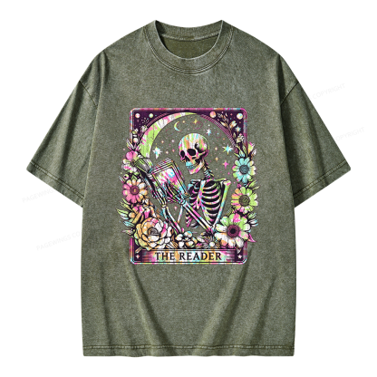 Pagewings The Reader Tarot Card Skeleton Reading Unisex Washed T-shirt