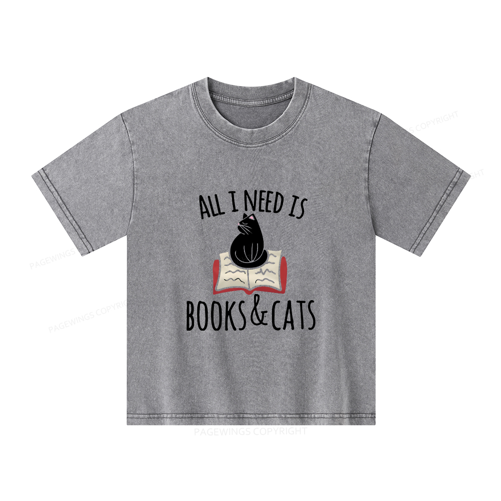 Pagewings All I Need Is Book & Cat Unisex Kids Washed T-shirt