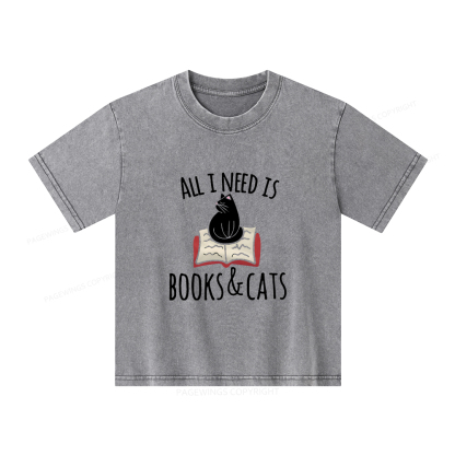 Pagewings All I Need Is Book & Cat Unisex Kids Washed T-shirt