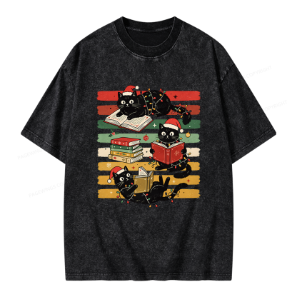 Pagewings Bookish Cat Christmas Unisex Washed T-shirt