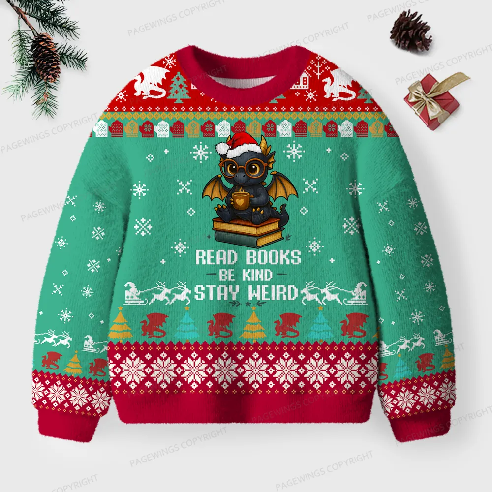 Pagewings Read Books Be Kind Stay Weird Unisex Ugly Knit Sweatshirt
