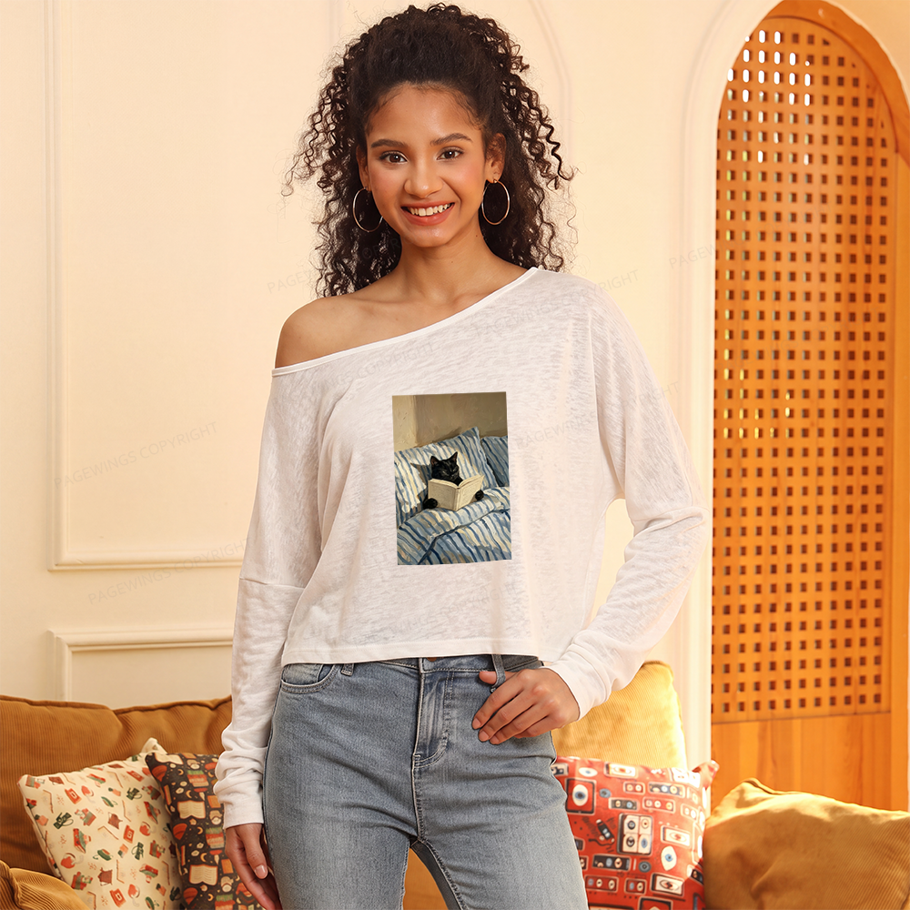 Pagewings Black Cat Reading in Bed Slouchy Long Sleeve Off Shoulder T-shirt