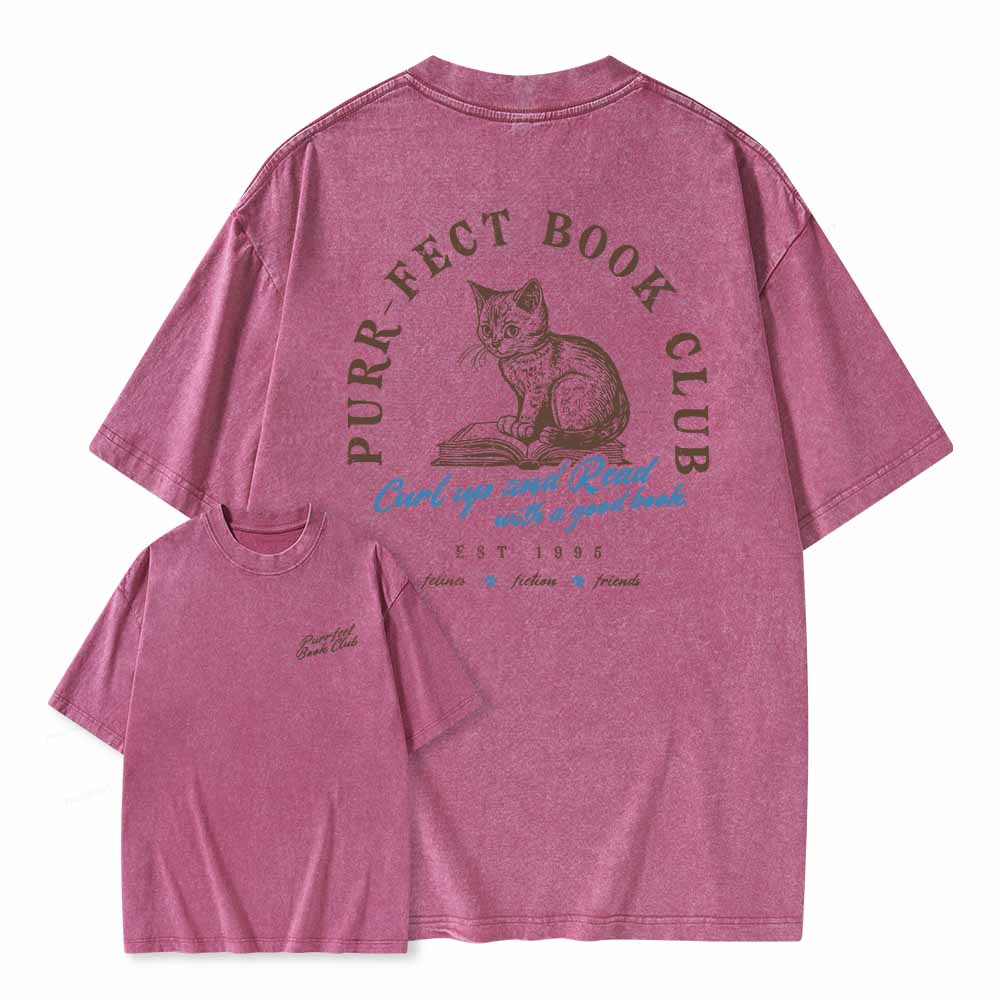 Pagewings  Book Club T-shirt For Cat Lovers Unisex Washed T-shirt