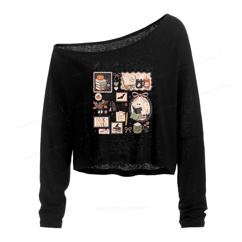 Pagewings Halloween Book Club Slouchy Long Sleeve Off Shoulder T-shirt