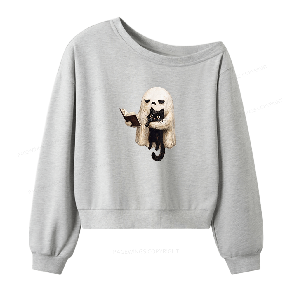 Pagewings Ghost Cat Spooky Black Cat Women Off Shoulder Sweatshirt