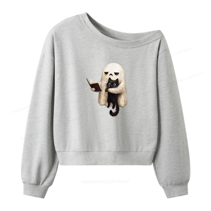 Pagewings Ghost Cat Spooky Black Cat Women Off Shoulder Sweatshirt