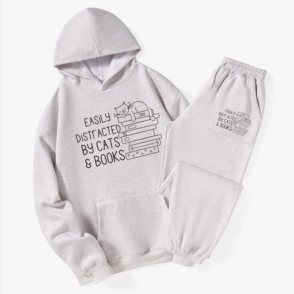 Pagewings Easily Distracted By Cats and Books Unisex Fleece Hoodie Set