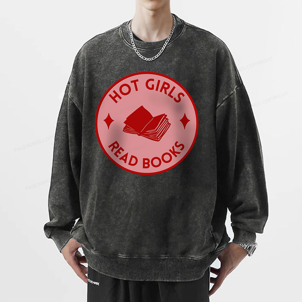 Pagewings Hot Girls Read Books Unisex Washed Sweatshirt