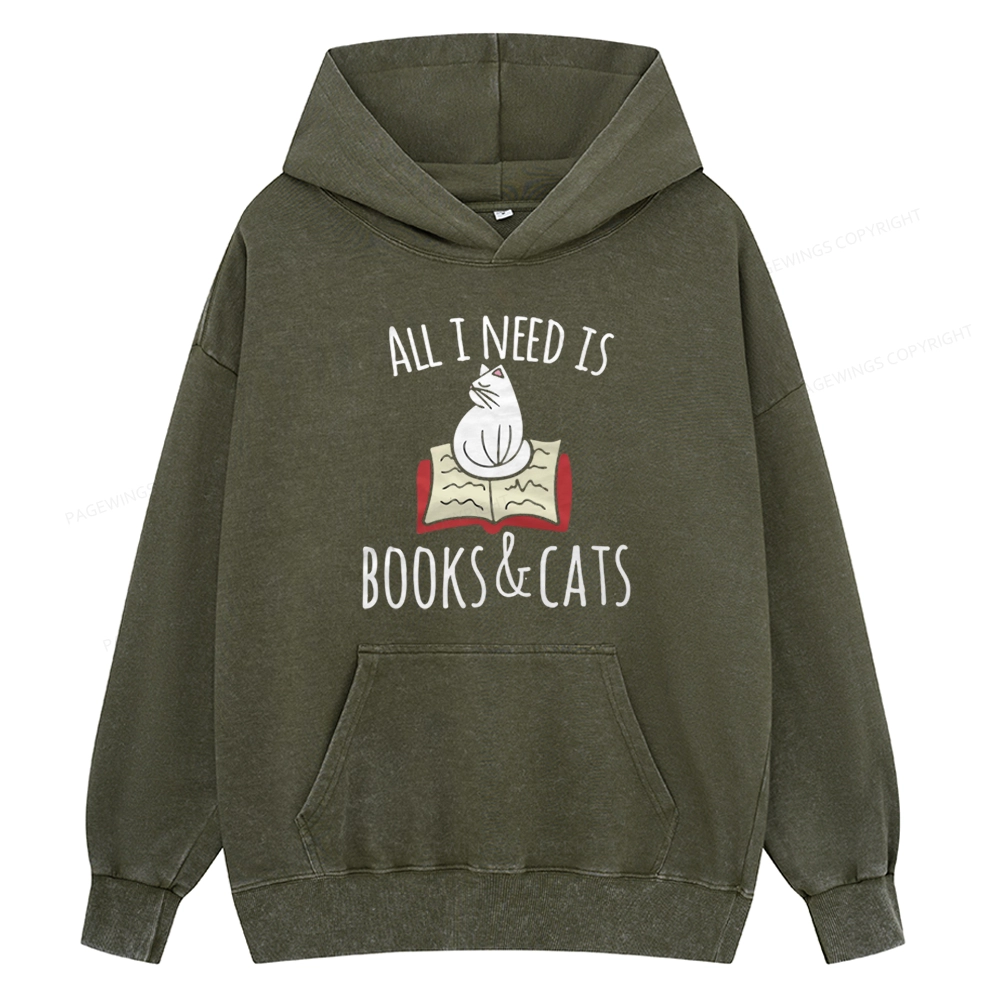 Pagewings All I Need Is Book & Cat Unisex Washed Hoodie