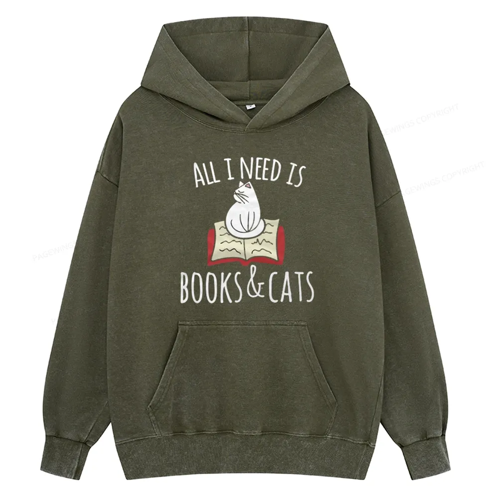Pagewings All I Need Is Book & Cat Unisex Washed Hoodie