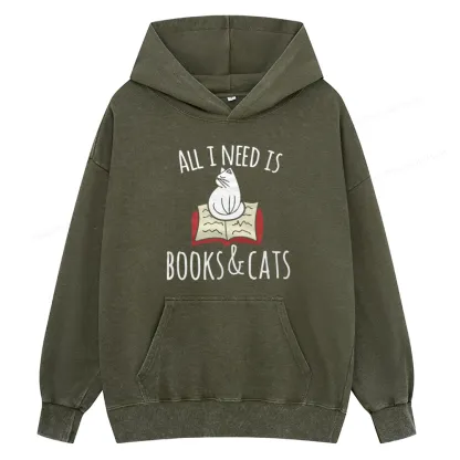 Pagewings All I Need Is Book & Cat Unisex Washed Hoodie
