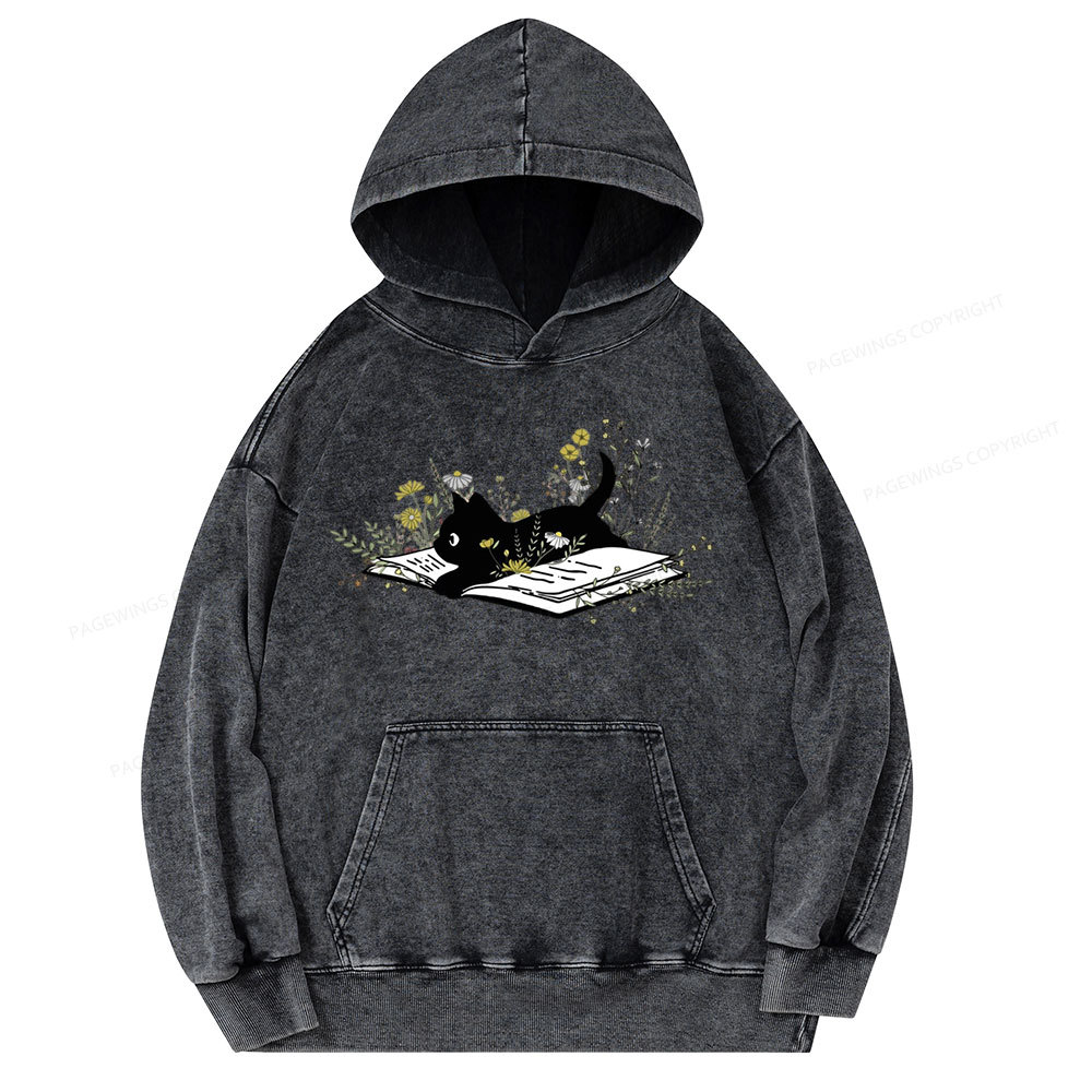 Pagewings Cute Book Cat Unisex Washed Hoodie