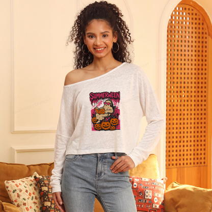 Pagewings Summerween Halloween Slouchy Long Sleeve Off Shoulder T-shirt