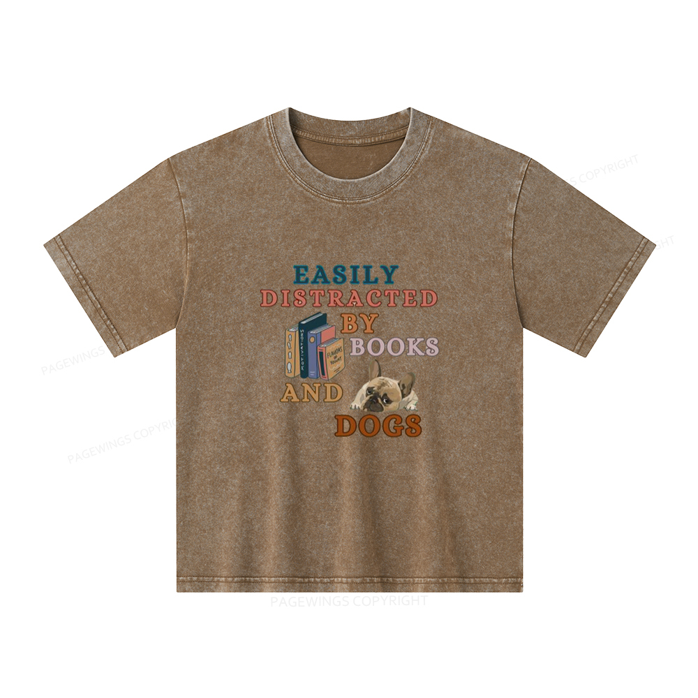 Pagewings Easily Distracted By Books And Dogs Unisex Kids Washed T-shirt