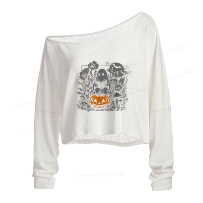 Pagewings Halloween Fall Ghost Slouchy Long Sleeve Off Shoulder T-shirt
