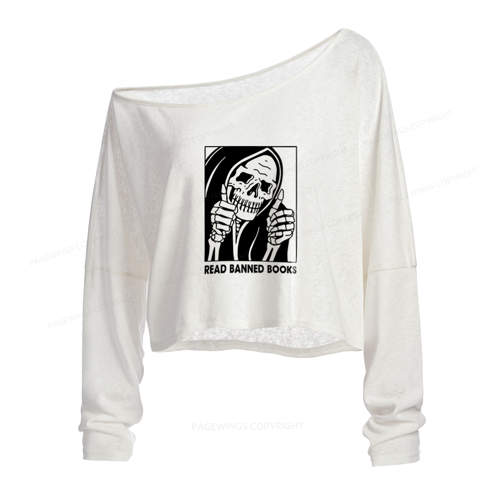 Pagewings Read Banned Books Slouchy Long Sleeve Off Shoulder T-shirt