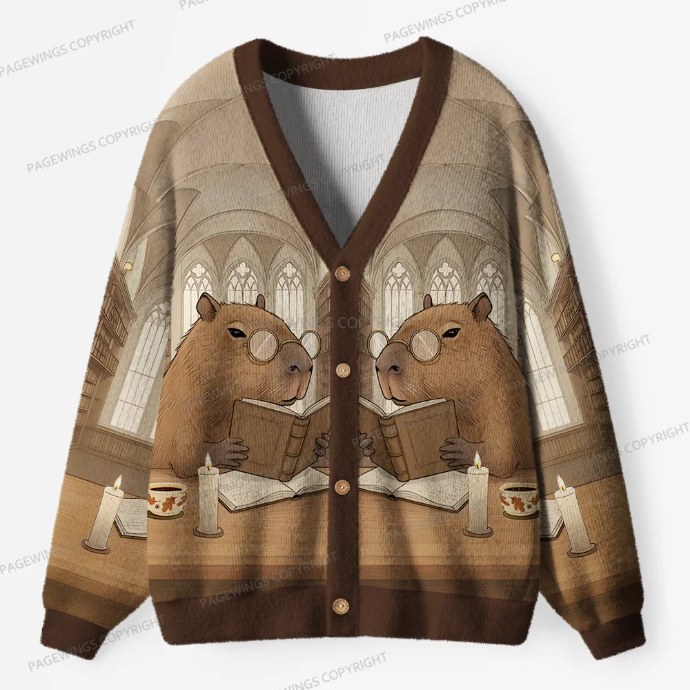 Pagewings Capybara Reading Unisex Ugly Cardigan Sweaters
