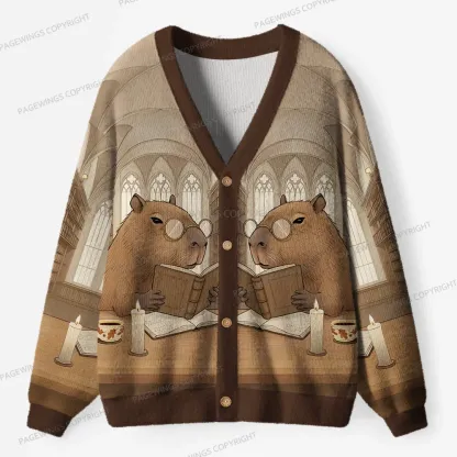 Pagewings Capybara Reading Unisex Ugly Cardigan Sweaters