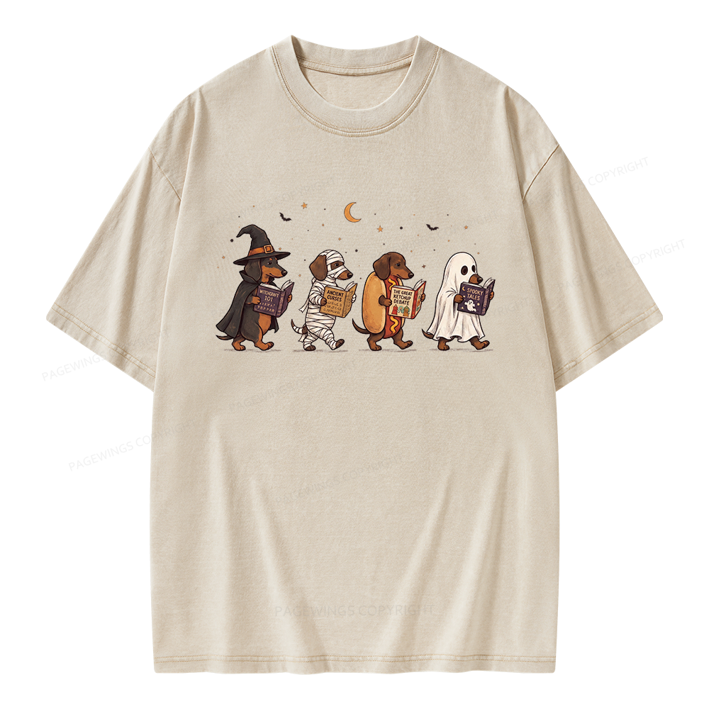 Pagewings Cute Spooky Season Wiener Dog Reading Unisex Washed T-shirt
