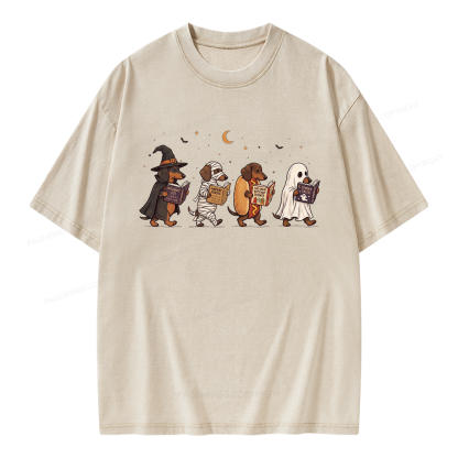 Pagewings Cute Spooky Season Wiener Dog Reading Unisex Washed T-shirt