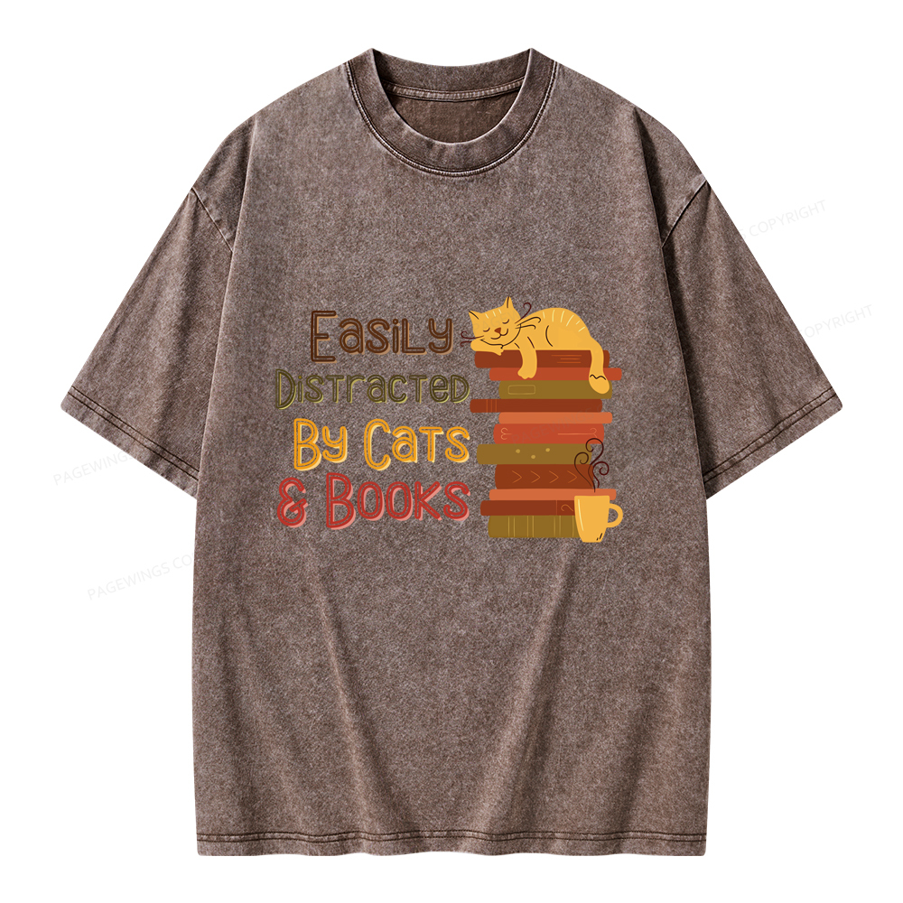 Pagewings Easily Distracted By Cats and Books Unisex Washed T-shirt