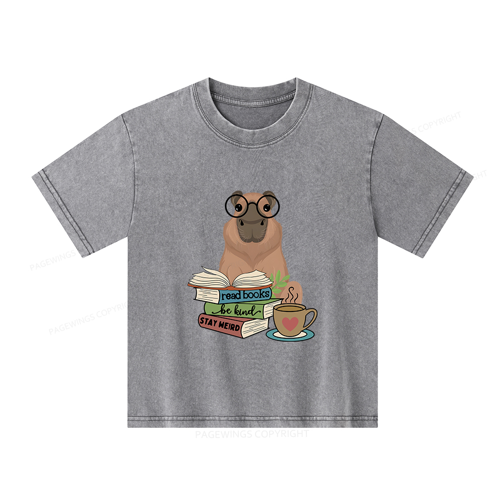 Pagewings Capybara Reading Unisex Kids Washed T-shirt