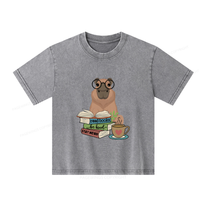Pagewings Capybara Reading Unisex Kids Washed T-shirt