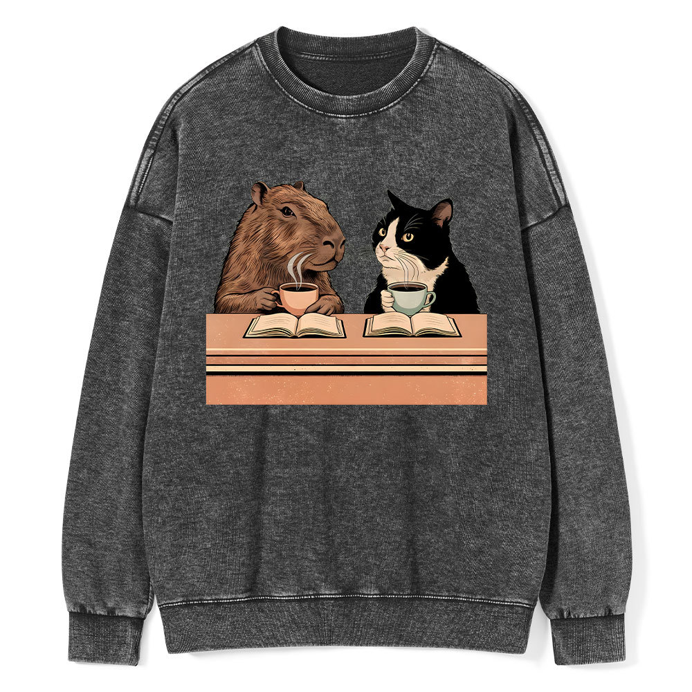 Pagewings Capybara and Tuxedo Cat Chilling with Coffee Unisex Washed Sweatshirt