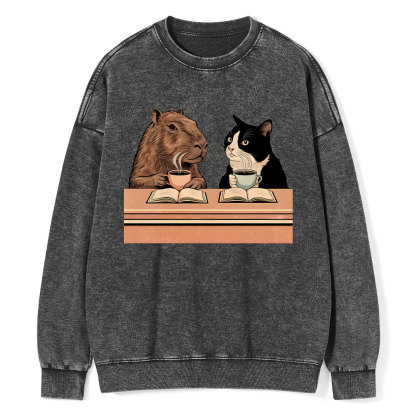 Pagewings Capybara and Tuxedo Cat Chilling with Coffee Unisex Washed Sweatshirt