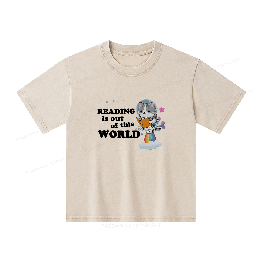 Pagewings Cat Reading in Space Unisex Kids Washed T-shirt