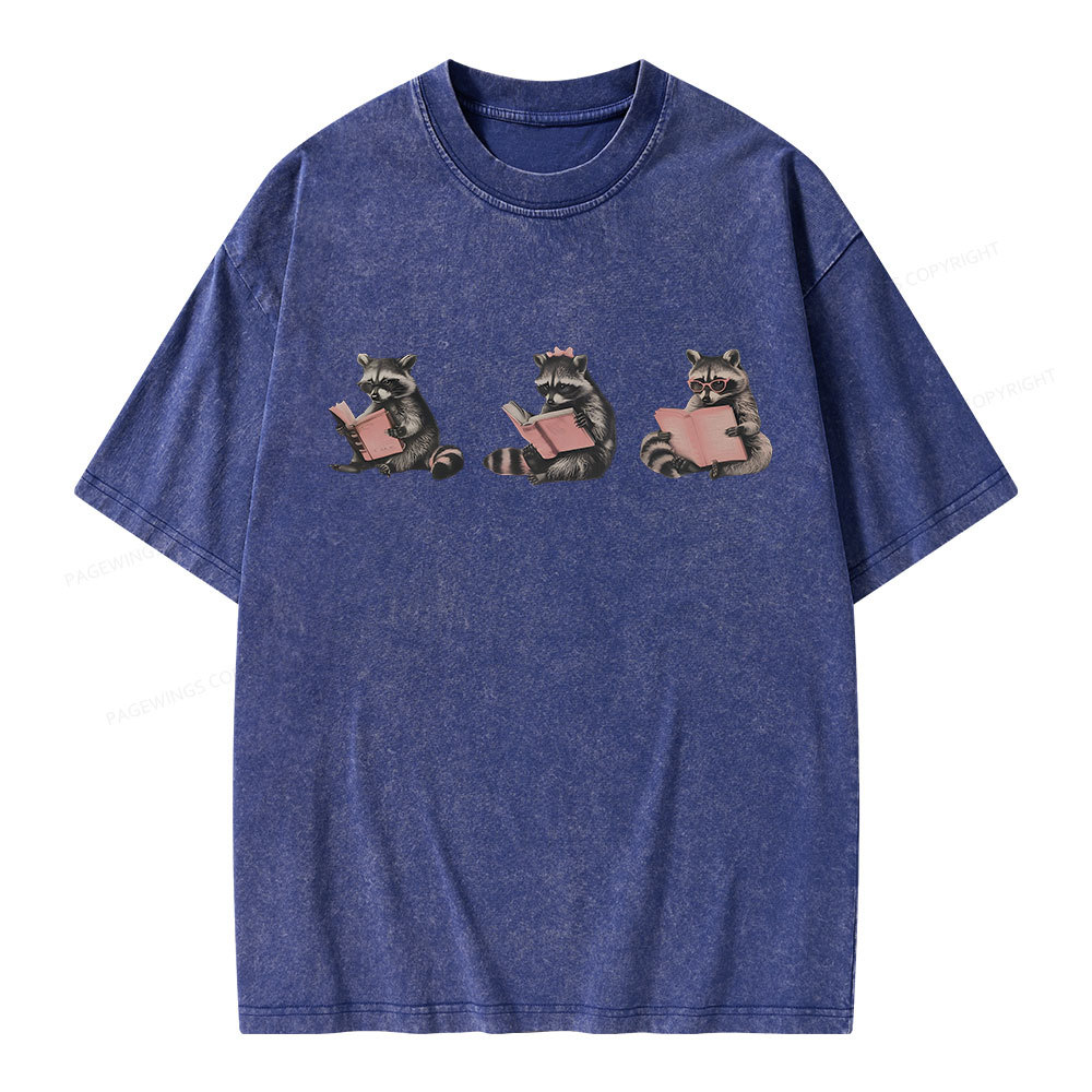 Pagewings Funny Raccoon Bookish Gift Unisex Washed T-shirt