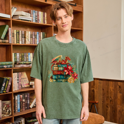 Pagewings Christmas Book Dragon Unisex Washed T-shirt