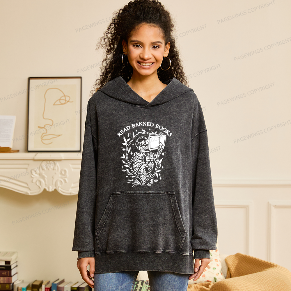 Pagewings Read Banned Books Skeleton Unisex Washed Hoodie