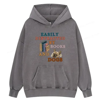 Pagewings Easily Distracted By Books And Dogs Unisex Washed Hoodie