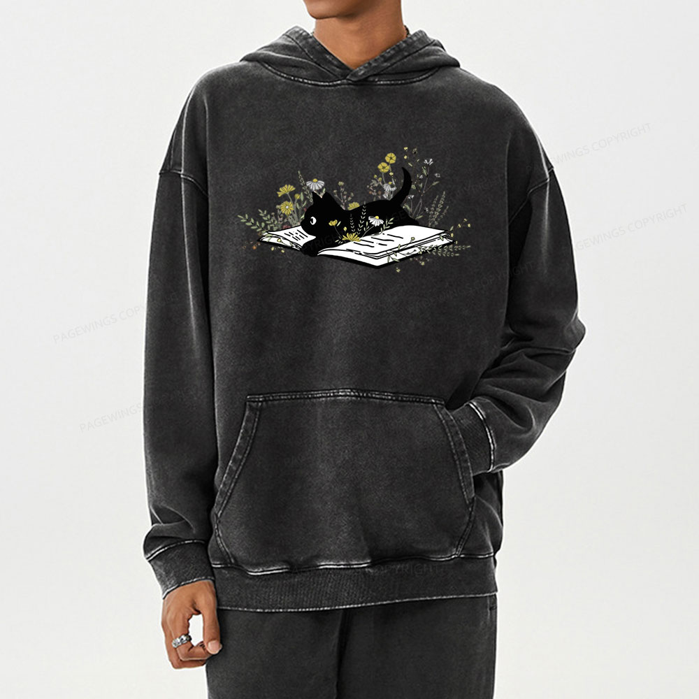 Pagewings Cute Book Cat Unisex Washed Hoodie