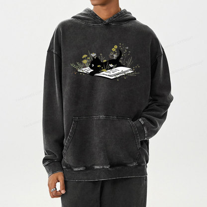 Pagewings Cute Book Cat Unisex Washed Hoodie