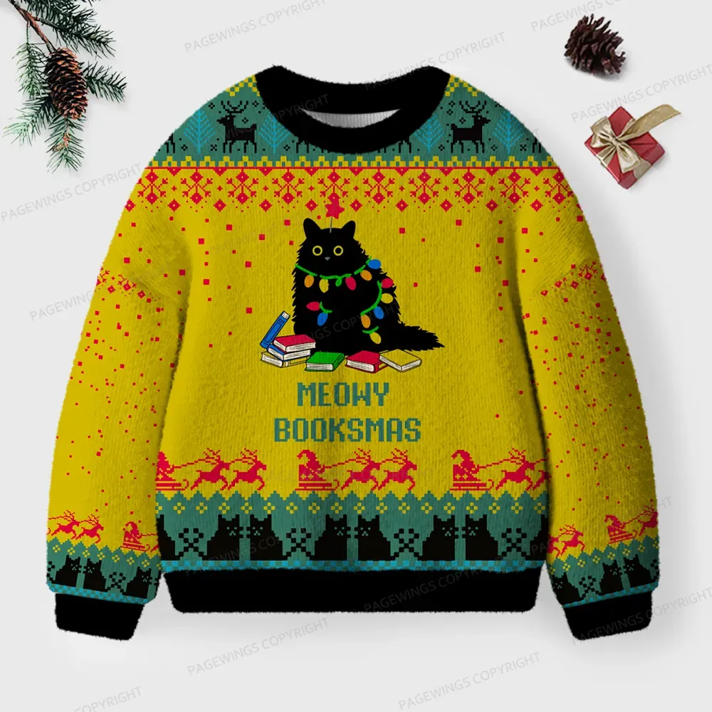 Pagewings Meowy Booksmas Unisex Ugly Knit Sweatshirt
