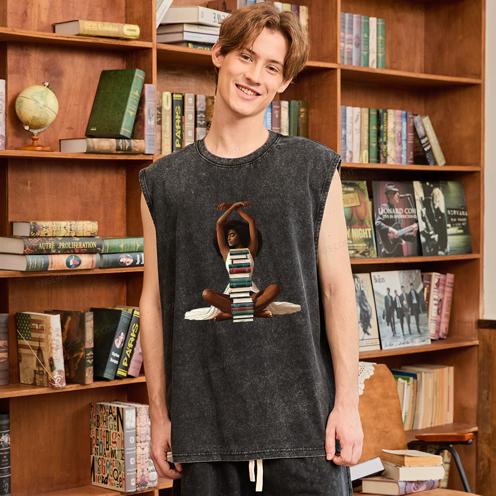 Pagewings Black Girl Reading Unisex Washed Tank Top
