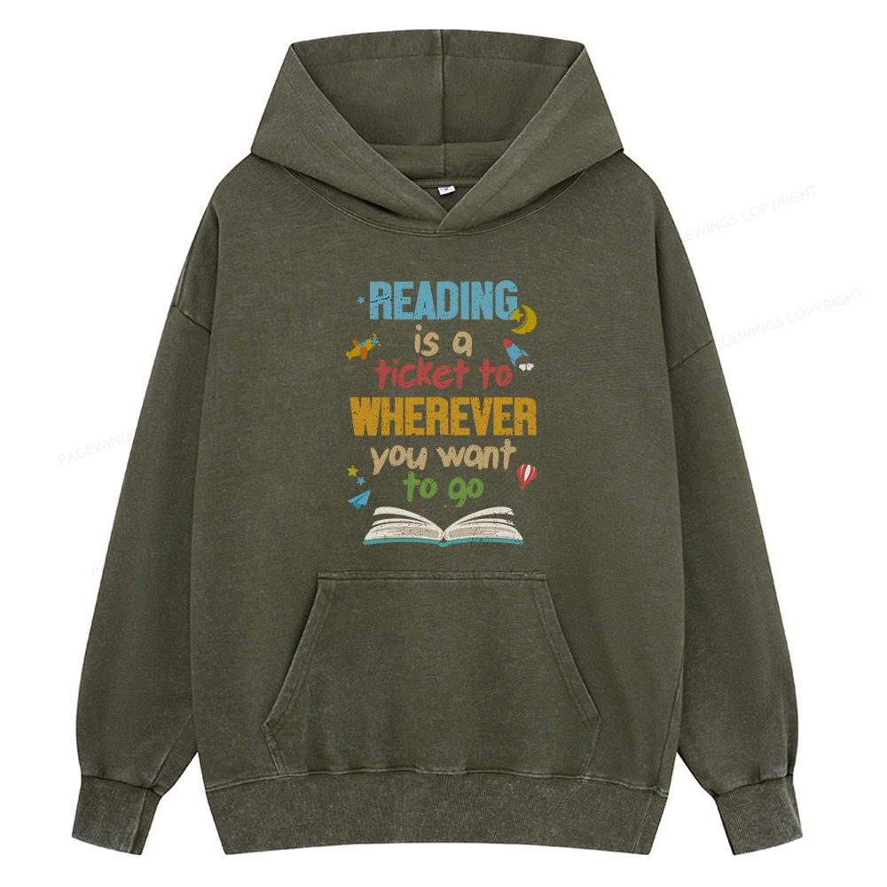 Pagewings Reading Is A Ticket Unisex Washed Hoodie