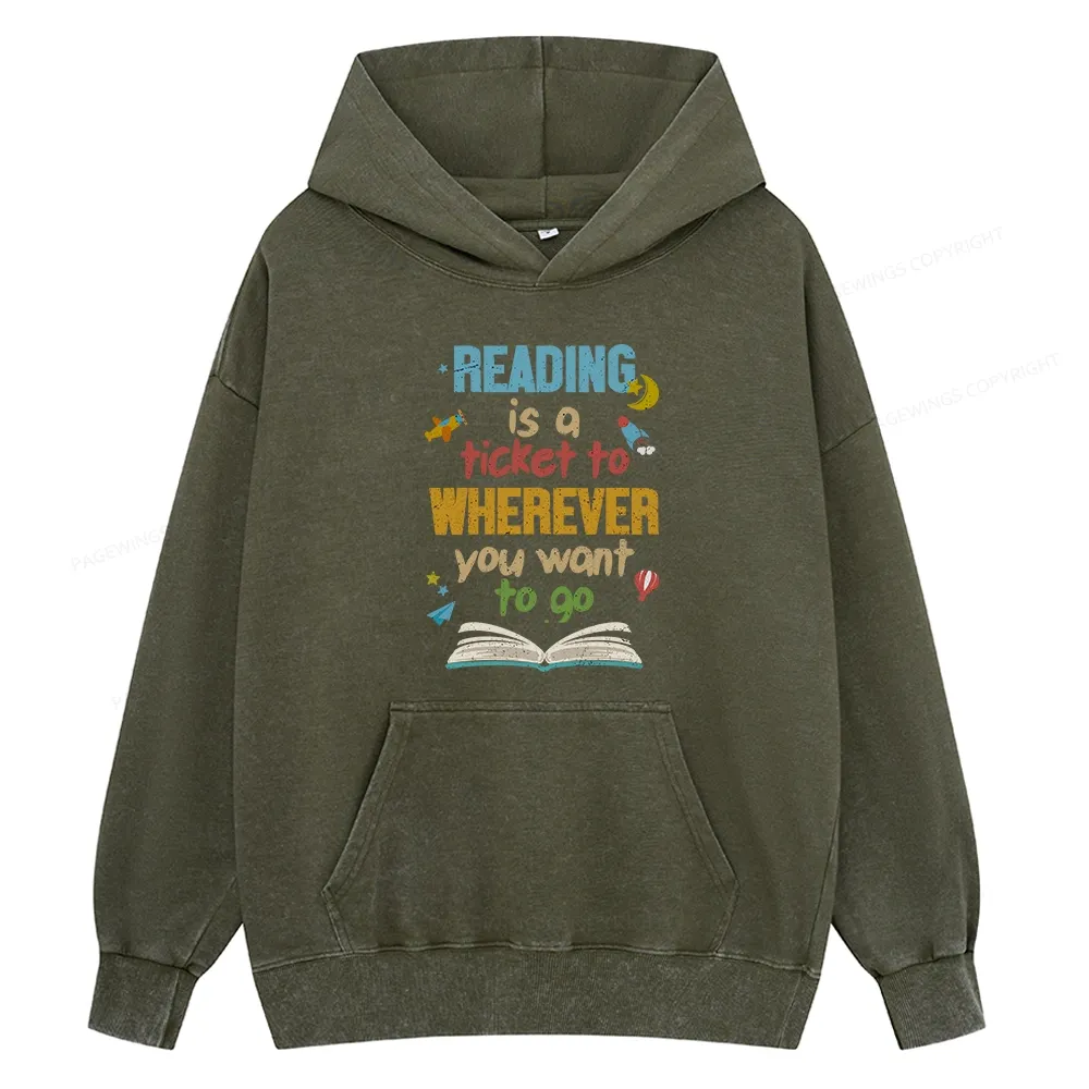 Pagewings Reading Is A Ticket Unisex Washed Hoodie