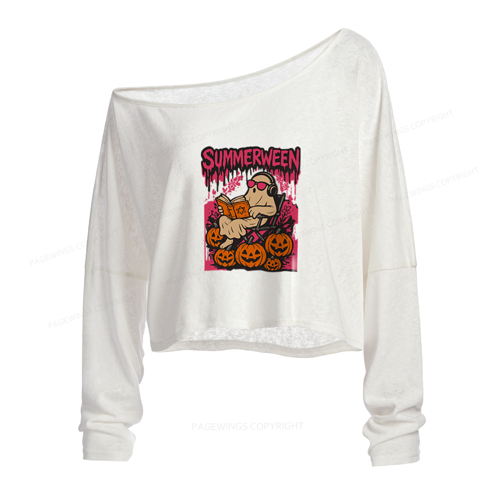 Pagewings Summerween Halloween Slouchy Long Sleeve Off Shoulder T-shirt