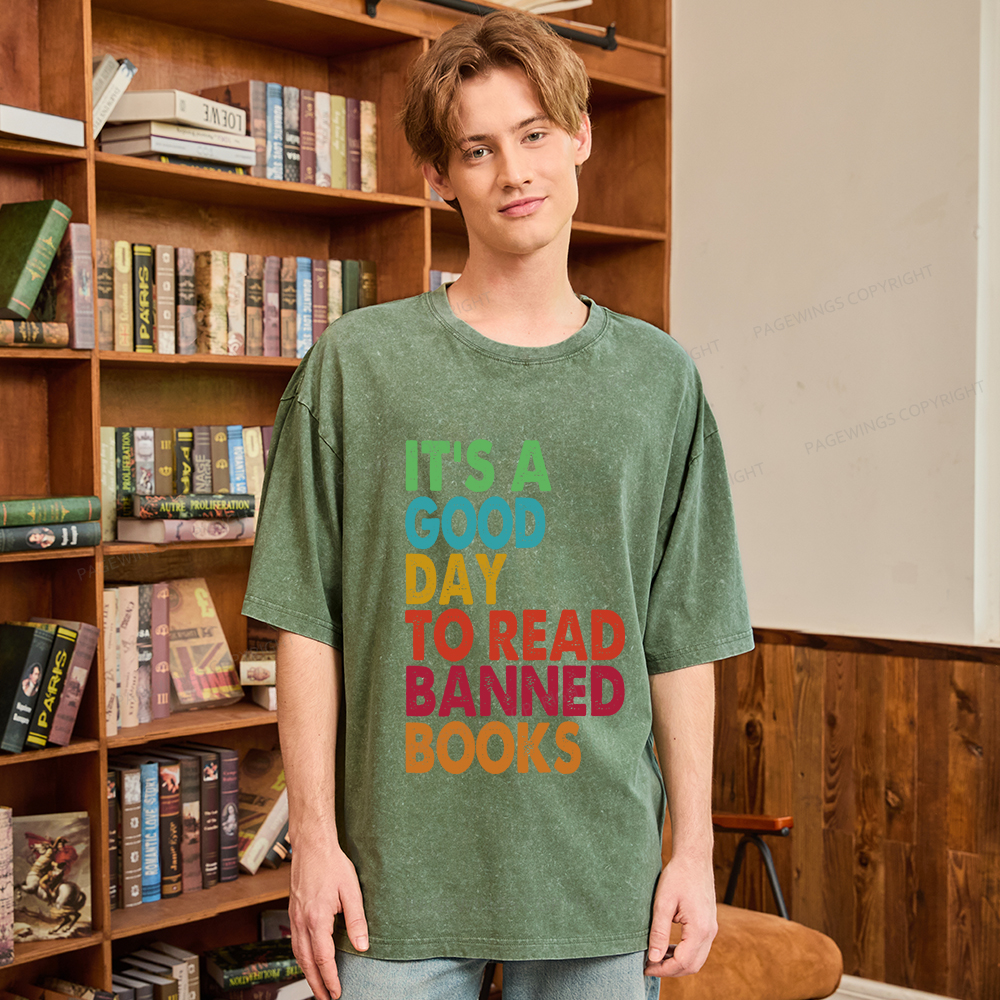 Pagewings It's A Good Day To Read Banned Books Unisex Washed T-shirt