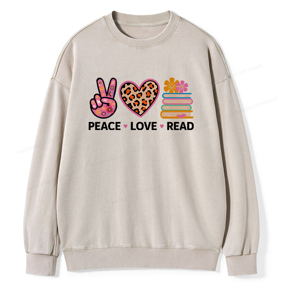 Pagewings Peace Love Read World Book Day Unisex Washed Sweatshirt