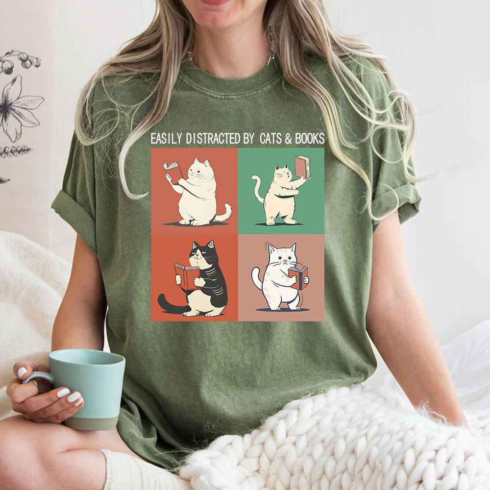Pagewings Cute Easily Distracted by Cats Books Unisex Washed T-shirt