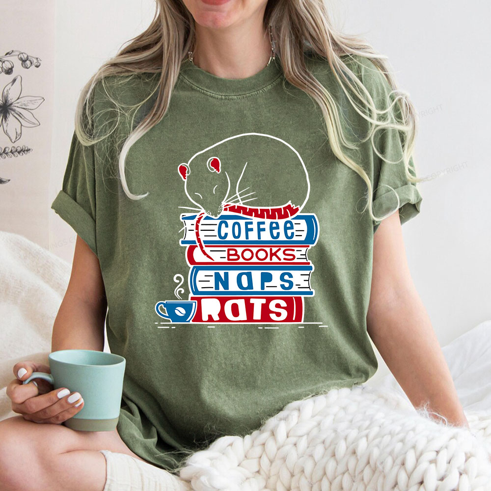 Pagewings Coffee Books Naps Rats Unisex Washed T-shirt