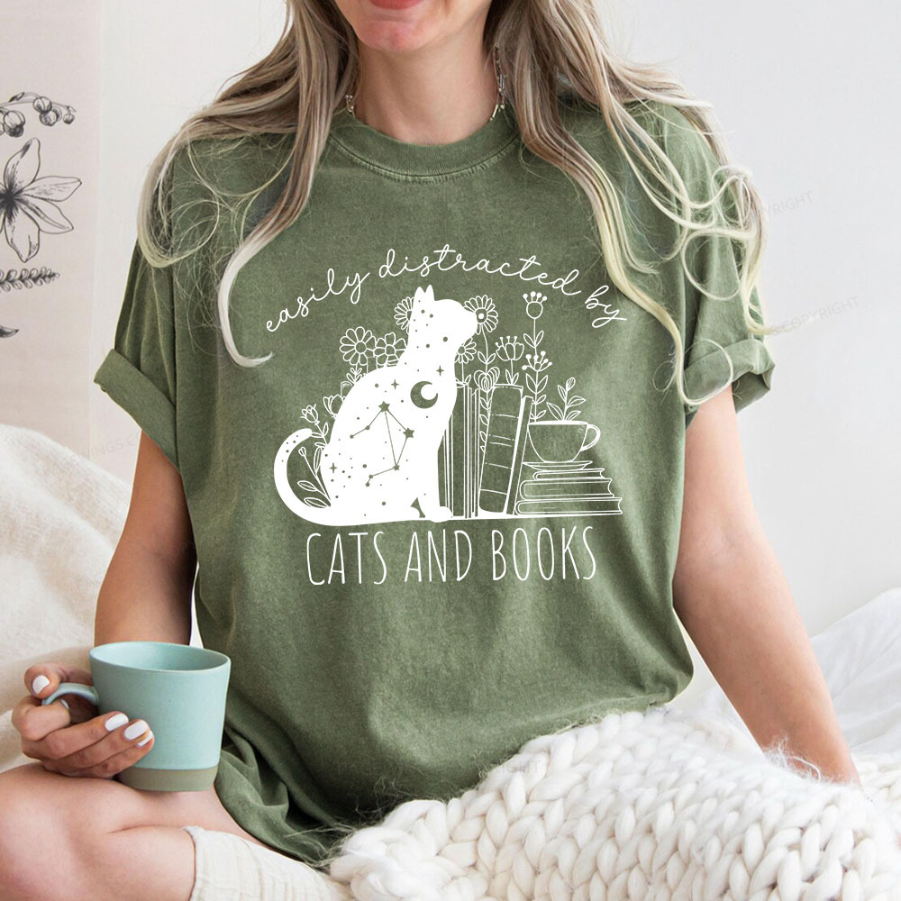 Pagewings Easily Distracted By Cats And Books Unisex Washed T-shirt