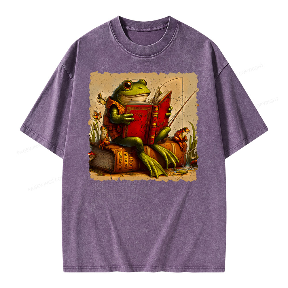 Pagewings Toad Fishing Book Reading Book Unisex Washed T-shirt