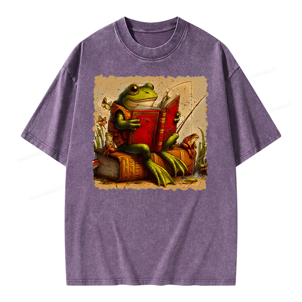 Pagewings Toad Fishing Book Reading Book Unisex Washed T-shirt
