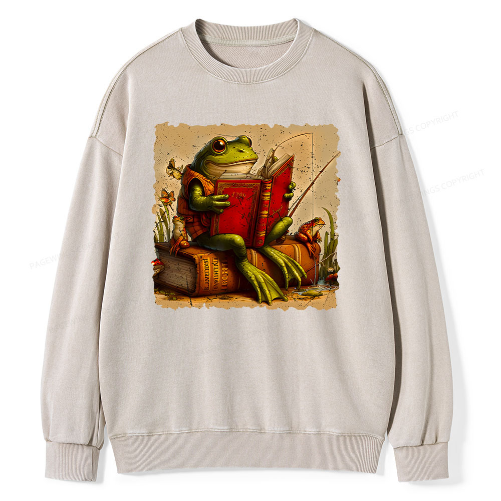 Pagewings Toad Fishing Book Reading Book Unisex Washed Sweatshirt